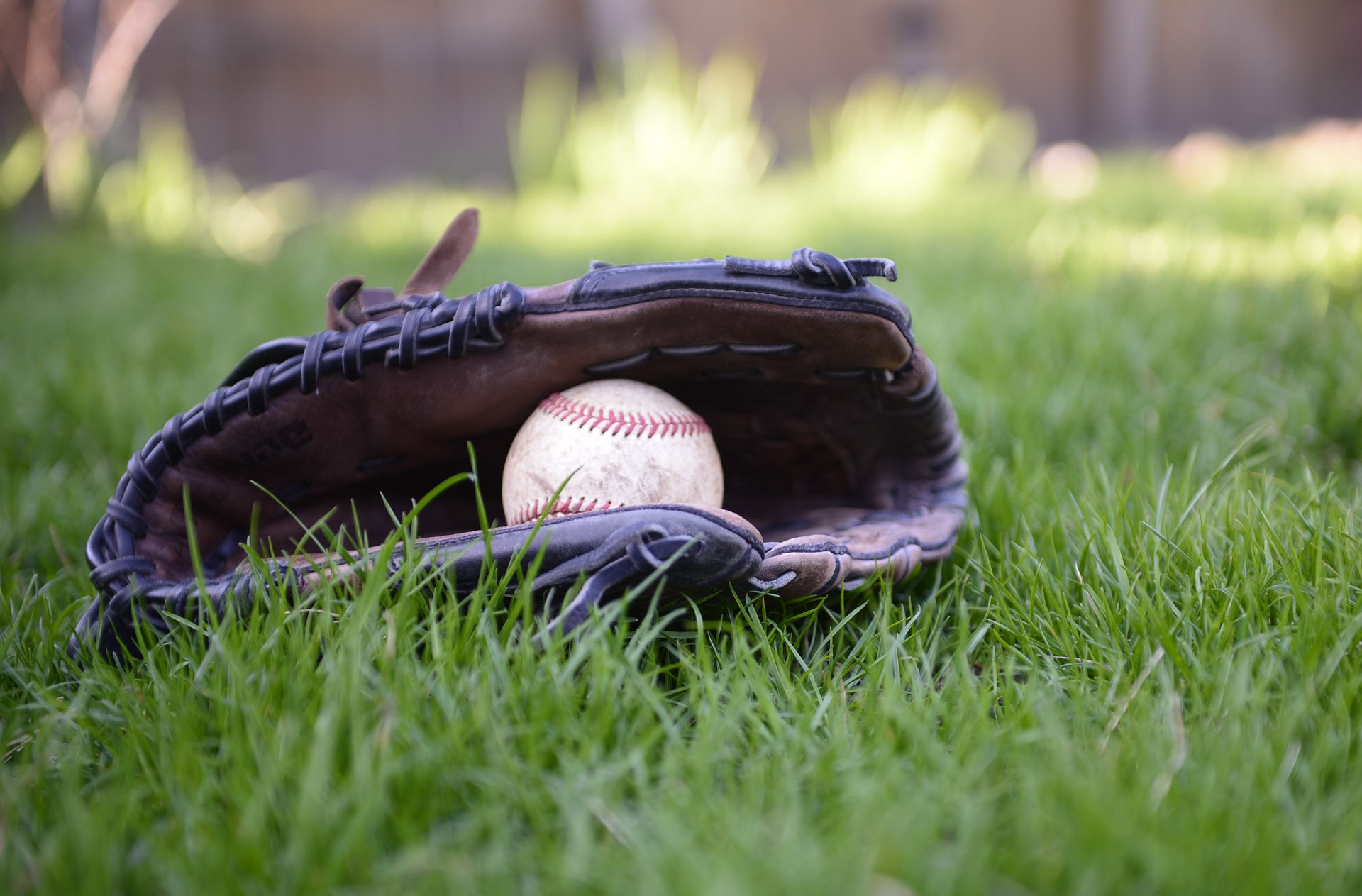 Baseball glove with a baseball inside laying on the grass: Types of Baseball Gloves [MindfuseBaseball.com]