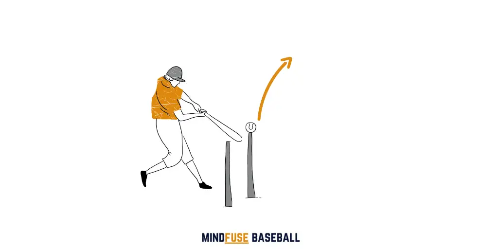 Baseball player taking a swing at a ball on top of a hitting tee. There is another tee behind the first tee, this is to check for swing 'dips' to help improve the batters wing: Baseball Hitting Drills