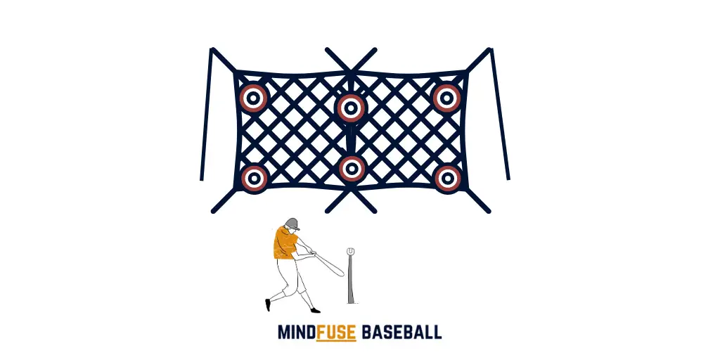 Baseball player batting a ball off a tee towards a net with targets on it