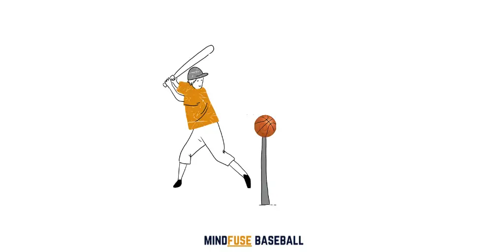 Baseball players hitting a larger ball of the tee called the 'power ball' this is to help batters increase their batting power when swinging at the ball: Baseball Batting Drills