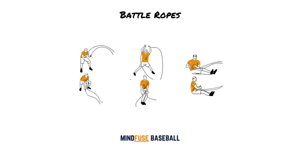 Baseball Conditioning Drills: battle rope exercises. A guy perfomring power slams and rotational slams