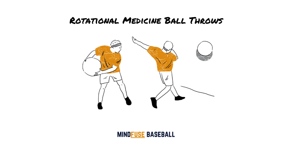 Baseball Conditioning Drills: Exercise diagram of someone doing rotational medicine ball throws [MindfuseBaseball.com]