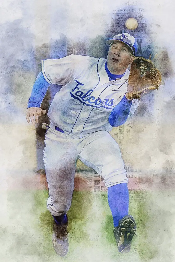 Baseball outfielder wearing white kit catching the ball with his glove